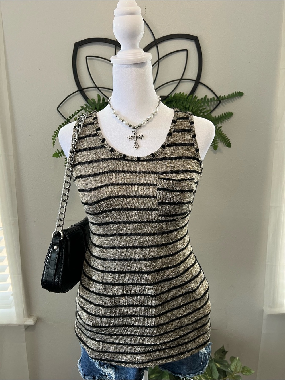 Body Central Metallic Striped Lace Back Tank Top Size S Y2K Grunge